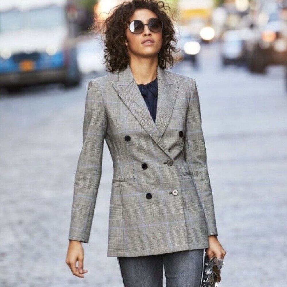 Theory Power Portland Windowpane Plaid Double-Breasted Wool Blazer Size 12